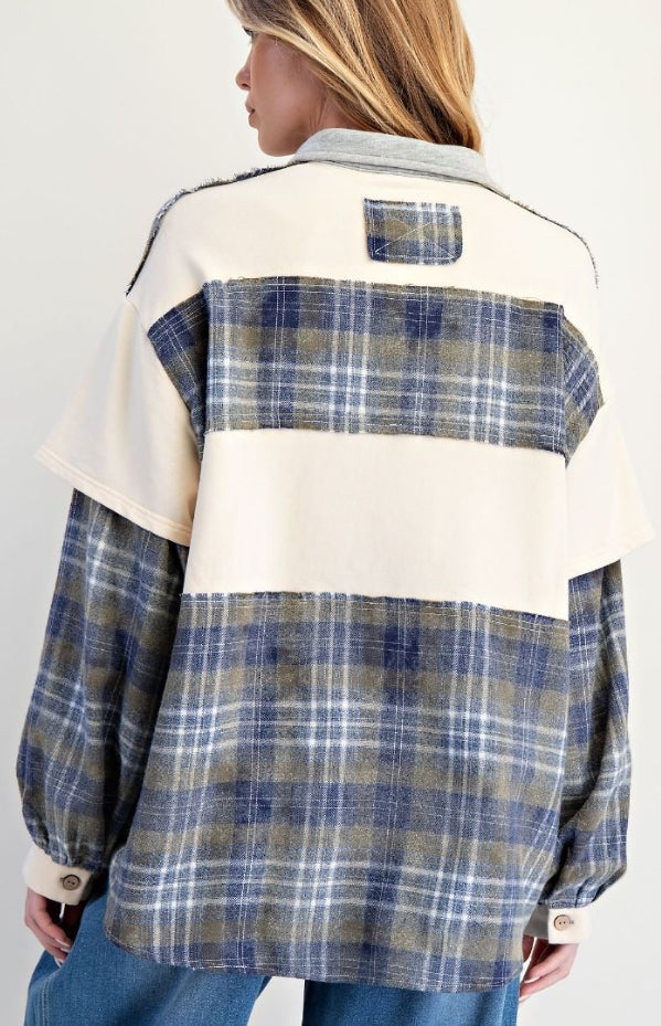 Cream/blue plaid mix henley sweatshirt