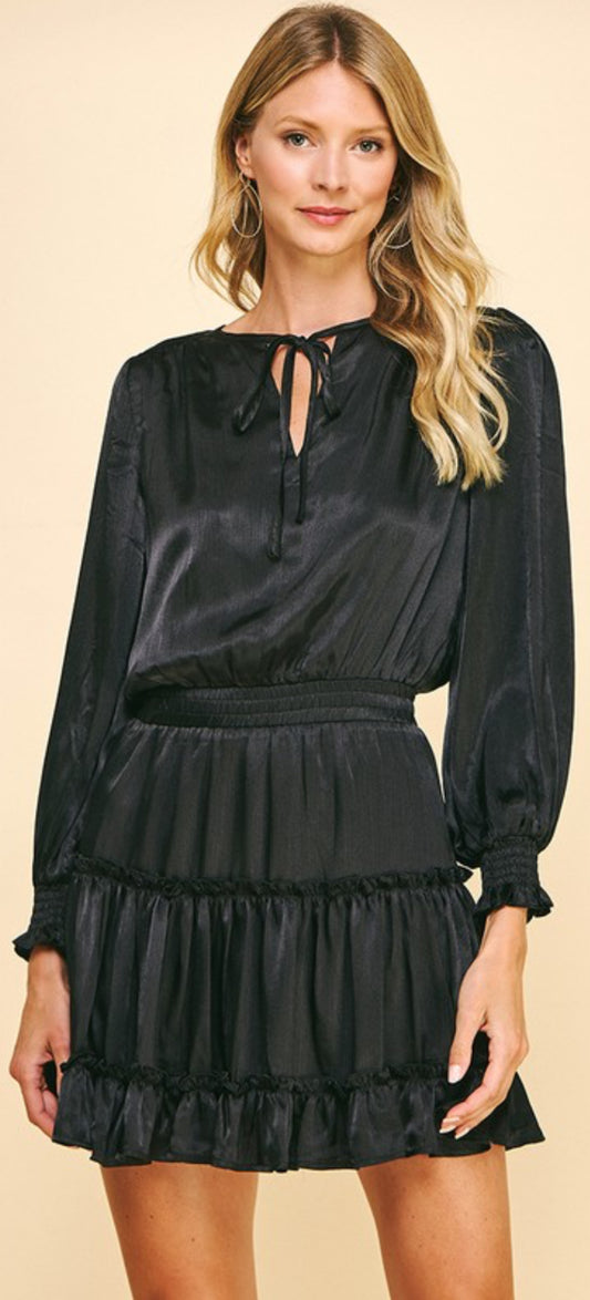 Black tiered satin dress