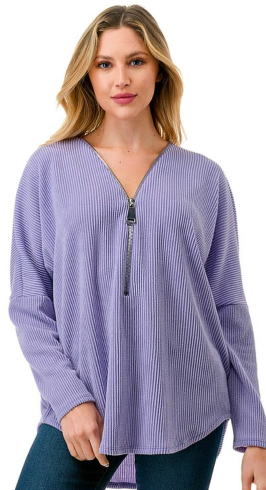 Lilac soft ribbed relaxed fit zip top, BEST SELLER