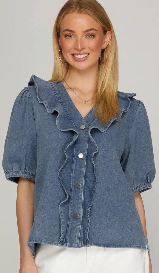 Denim ruffle blouse