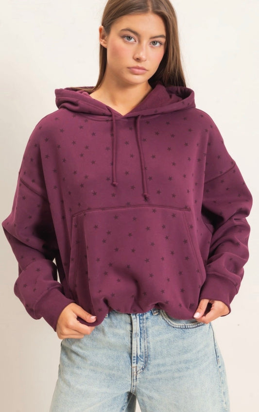 Mini stars hoodie in burgundy with bubble hem