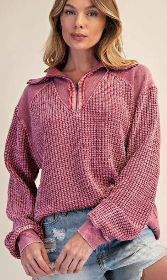 Burgundy waffle quarter zip with collar