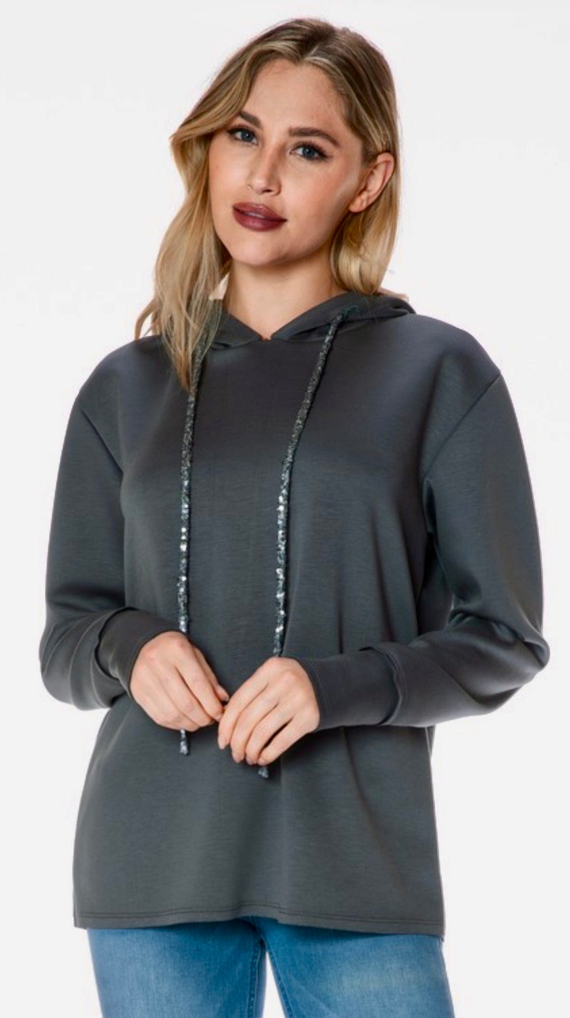 Grey soft scuba knit top with sequin strings