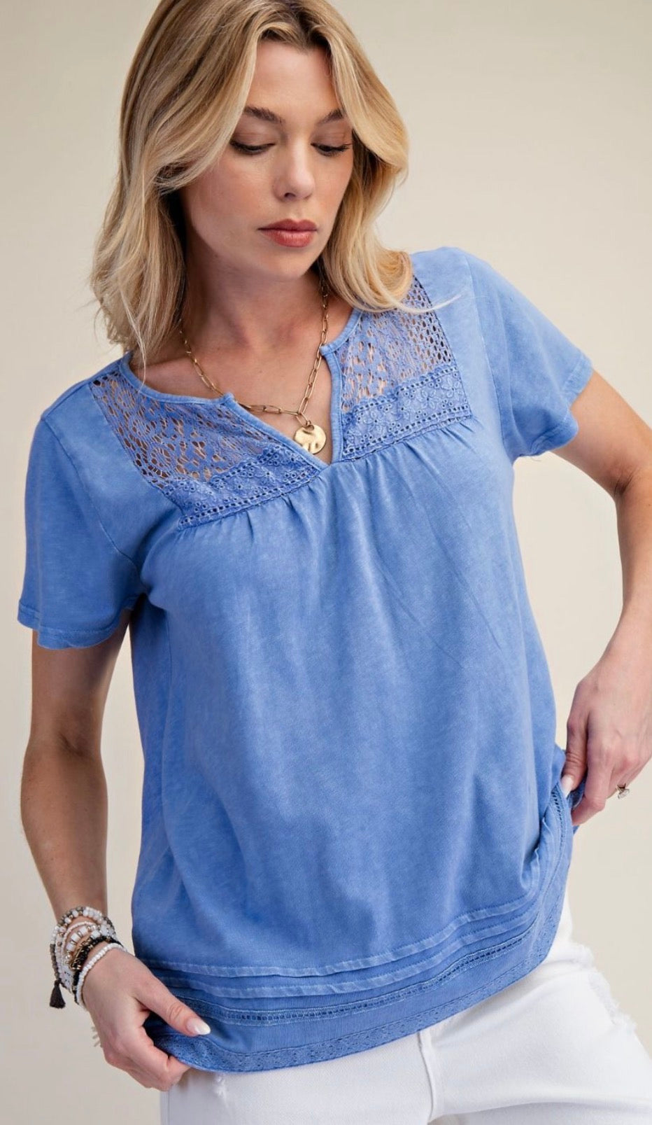 Blue lace yoke top