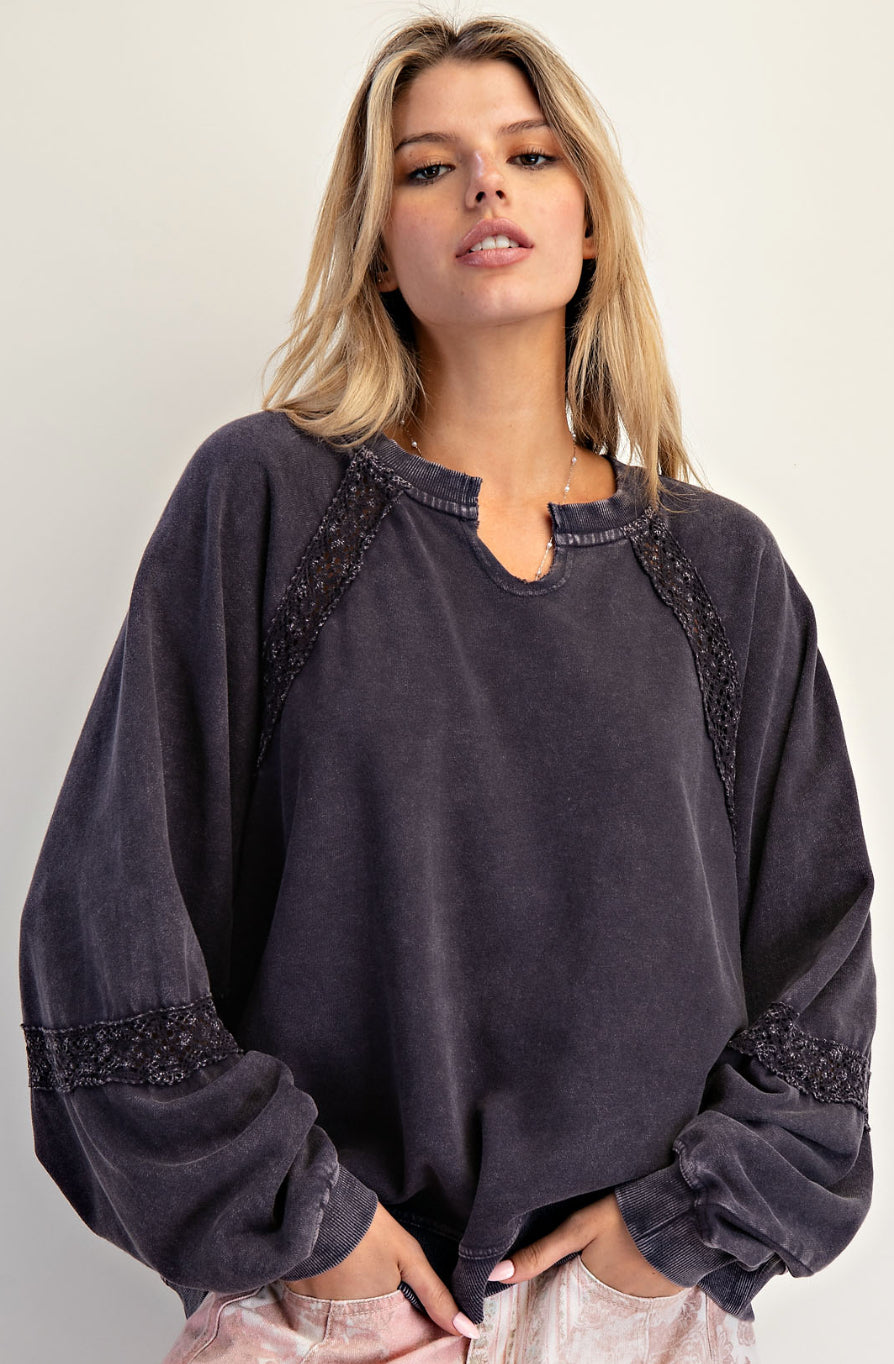 Charcoal notch neck sweatshirt with crochet inserts