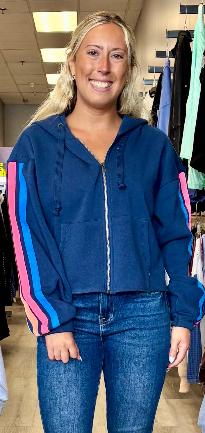 Vintage Havana blue zip hoodie with sleeve stripes
