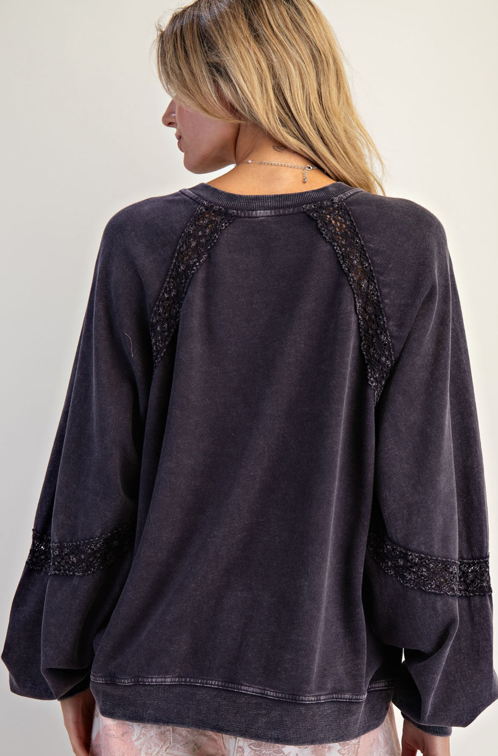 Charcoal notch neck sweatshirt with crochet inserts