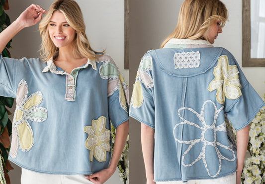 Blue loose fit top with lace flower patches (available up to XXL)