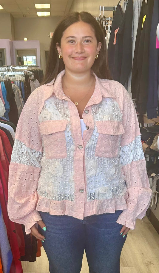 Pink jacket with lace and roses on front and back