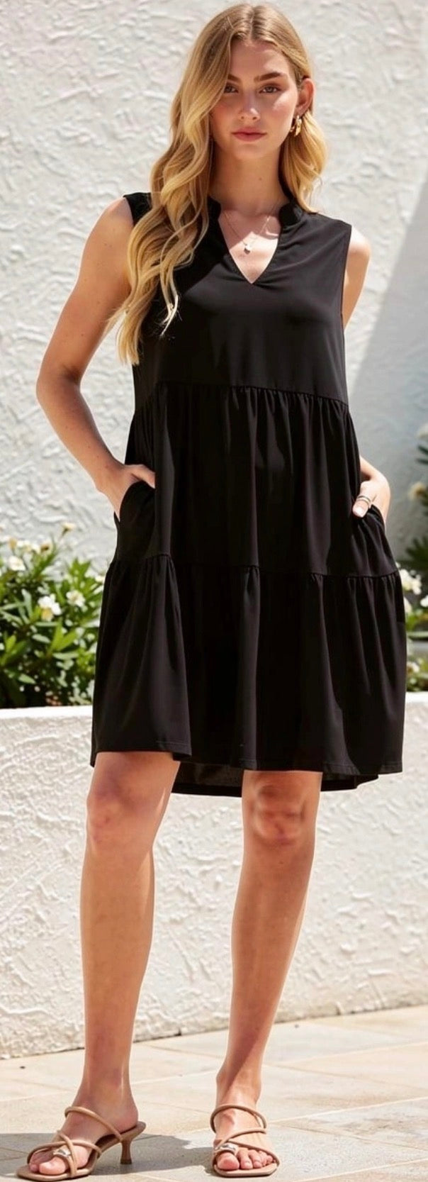 Black jersey knit flounce dress