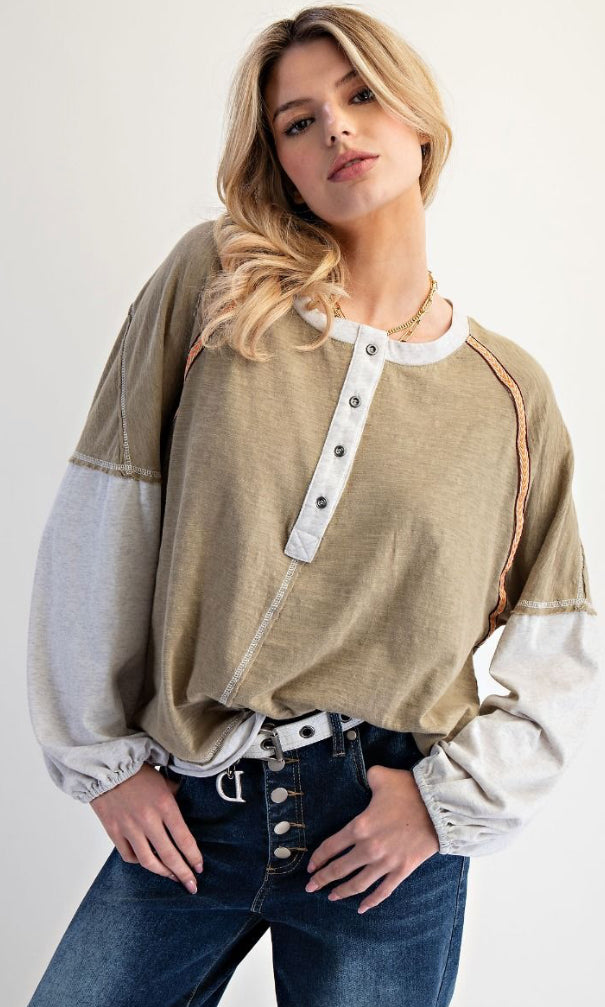 Faded olive colorblock henley top