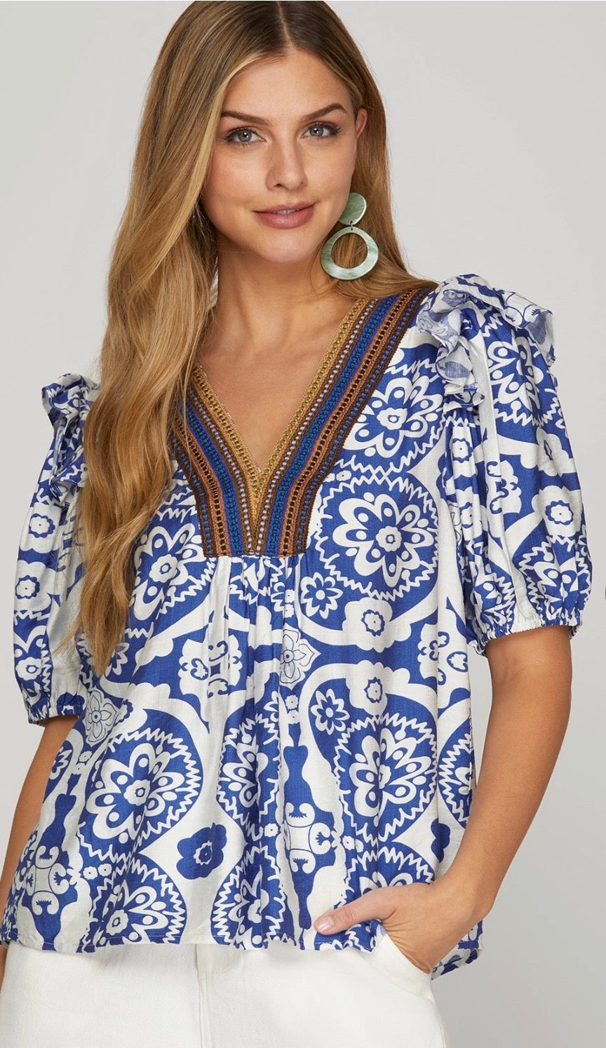 Blue floral top with stripe crochet v neck