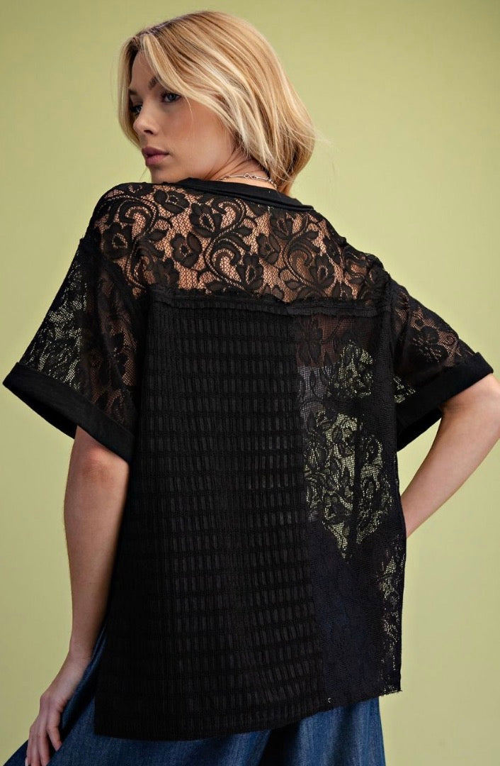 Black lace v neck tee