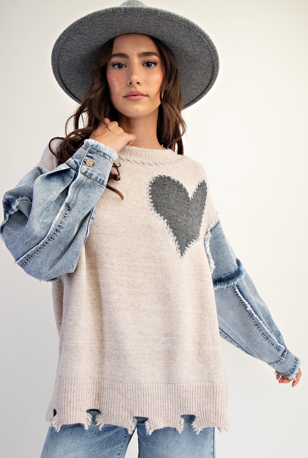 available in 2 colors! Lightweight sweater with heart and denim sleeves (see pic 2 for pink)