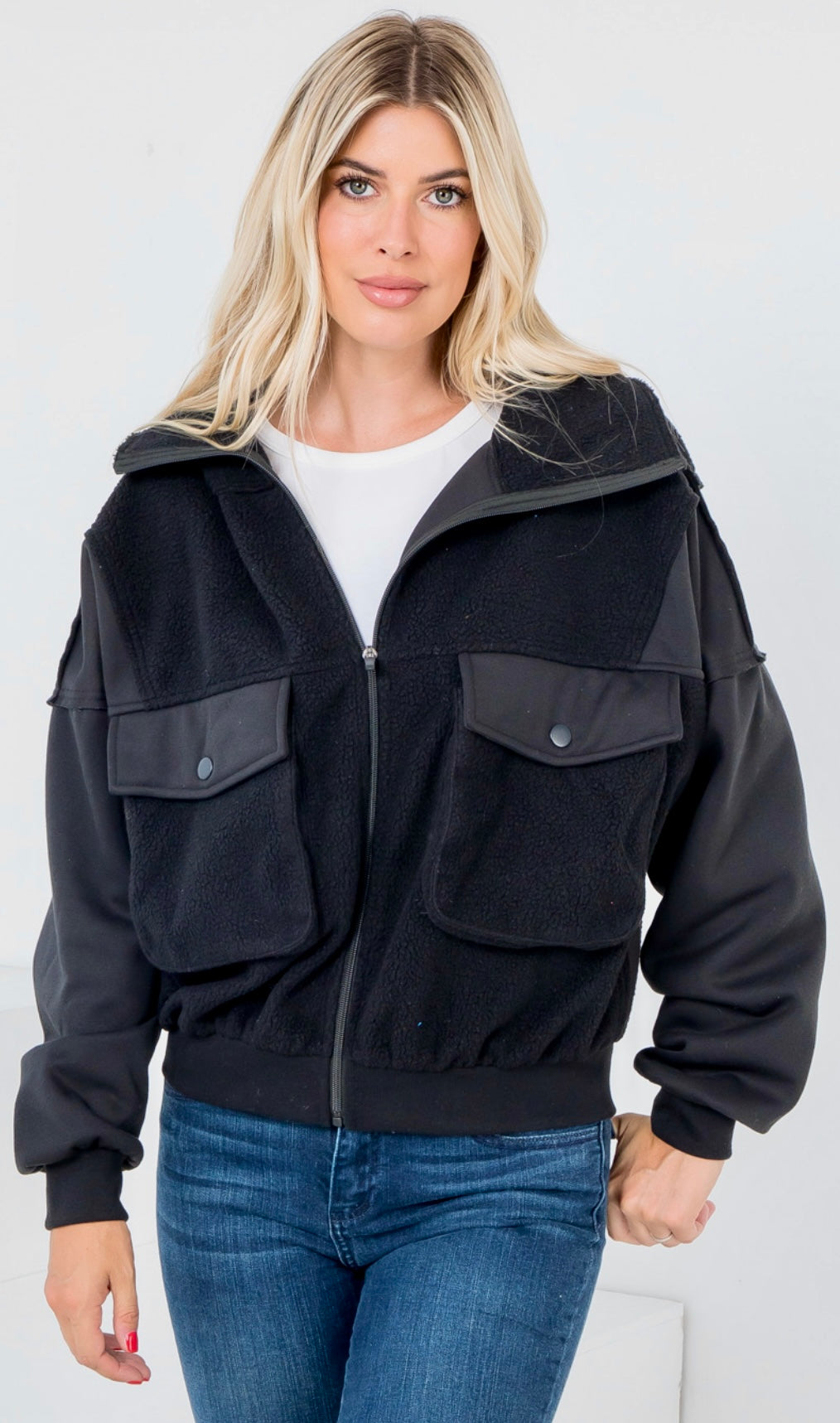 Black soft sherpa zip jacket with pockets and fleece sleeves