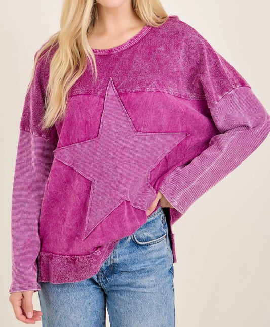 Magenta french terry crew neck with thermal star and sleeves