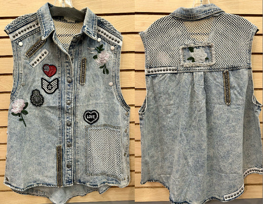 Denim relaxed fit vest with patches and crochet inserts
