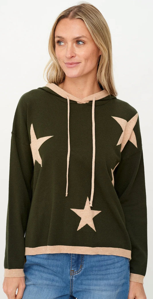 Six Fifty Starlight knit hoodie in olive with tan stars