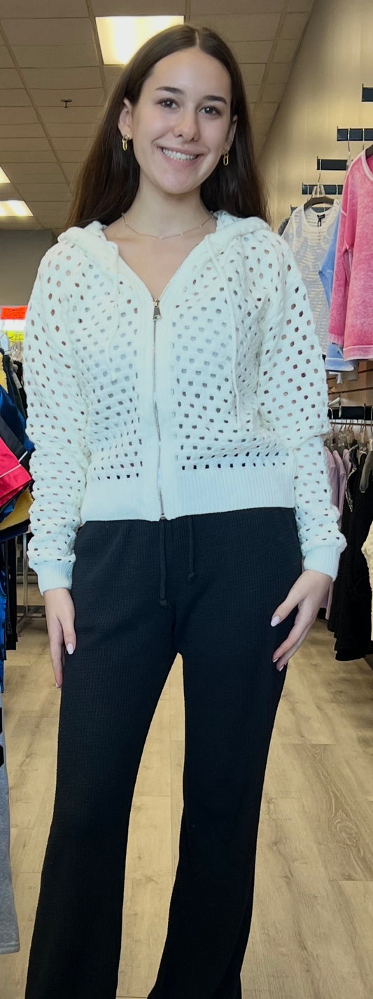 Elan off white crochet zip hooded jacket