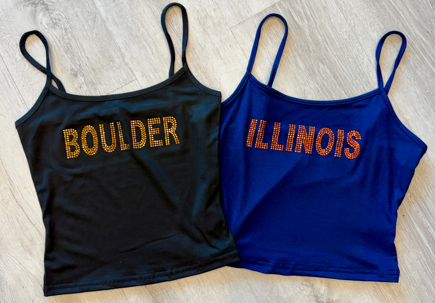 Custom order & in stock bling cami with adjustable straps (see pic 2 for available schools)