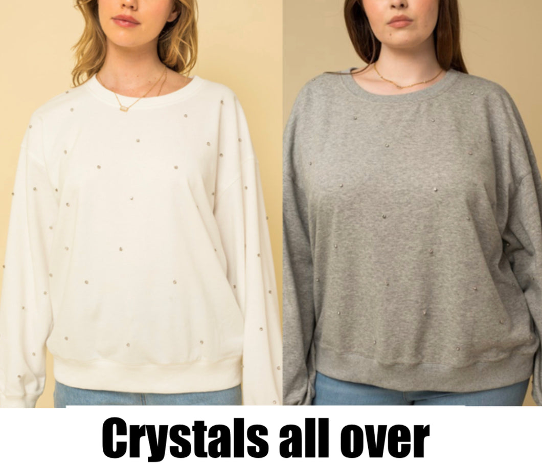 Relaxed fit crew neck sweatshirt with crystals all over (also available in plus size)