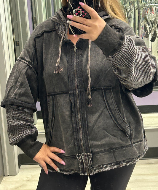 Washed black double layer zip hoodie (available up to 2X/3X)