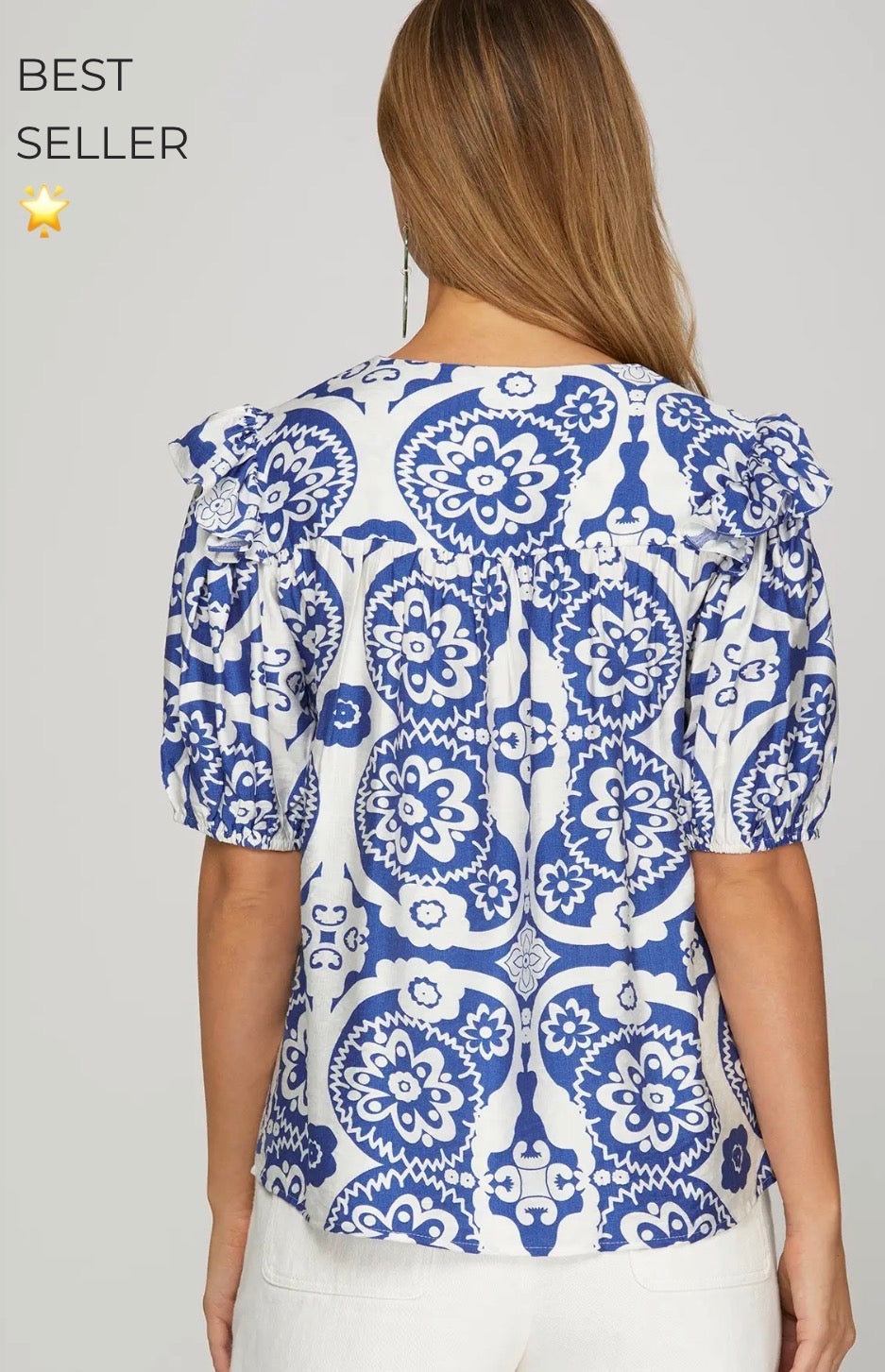 Blue floral top with stripe crochet v neck