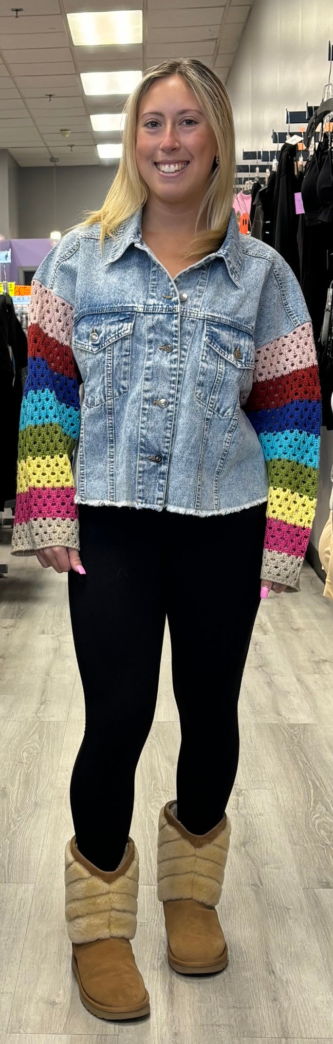 Elan denim jacket with multicolor crochet sleeves