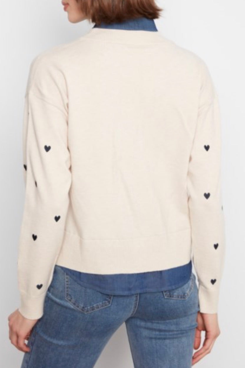 ARRIVING TODAY, Charlie B ivory sweater with scattered hearts and denim collar and bottom