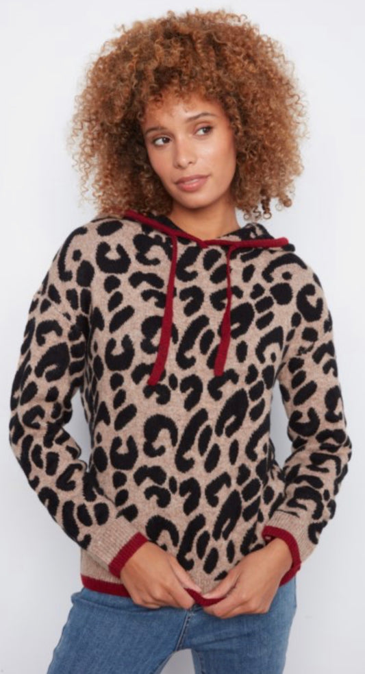Charlie B leopard soft knit hooded sweater with red trim, XS through XXL