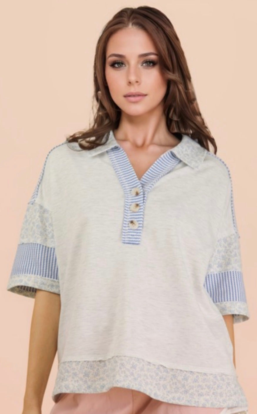 Grey collared top with blue stripes and flowers