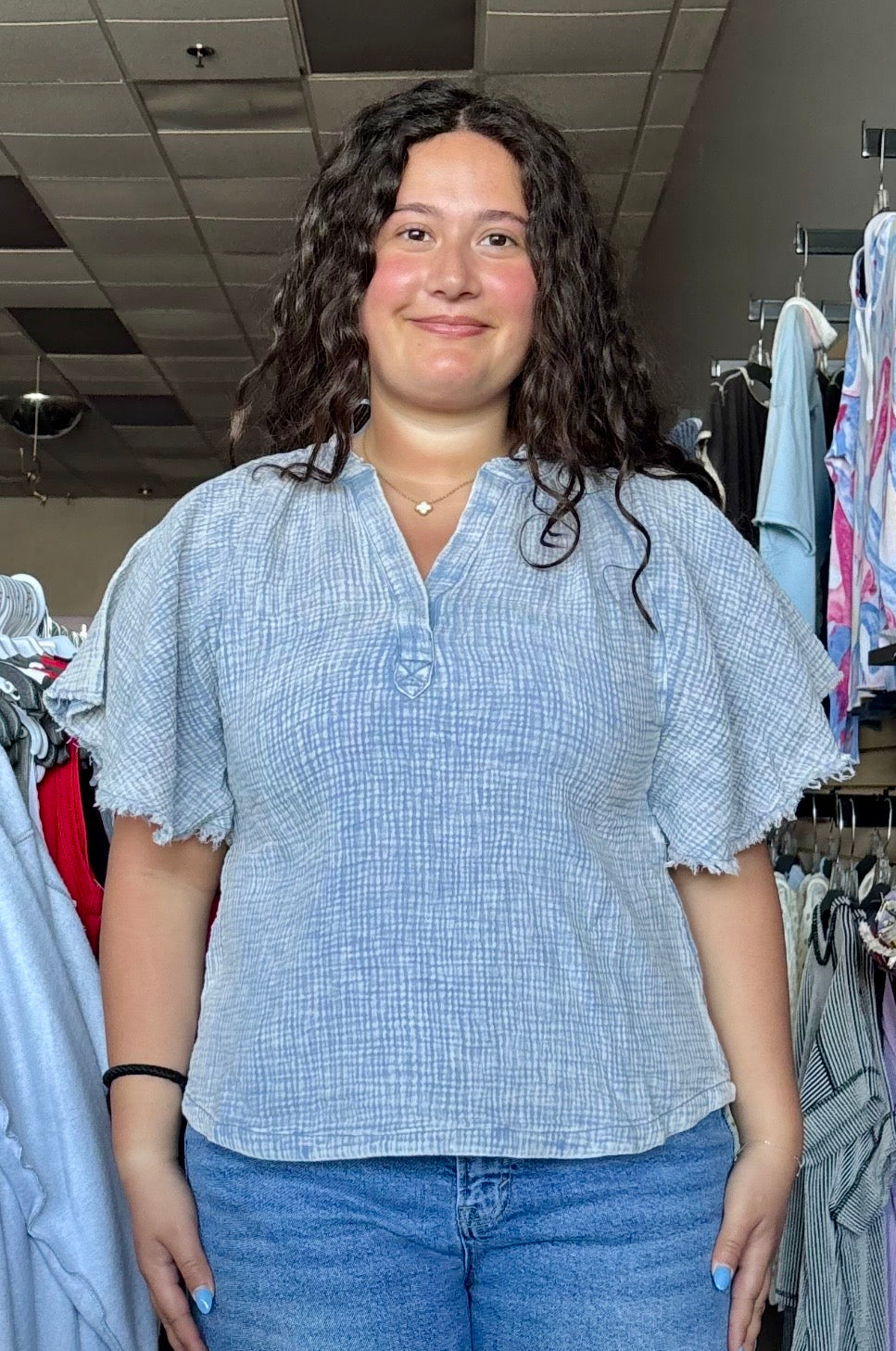 Blue gauze flutter sleeve top