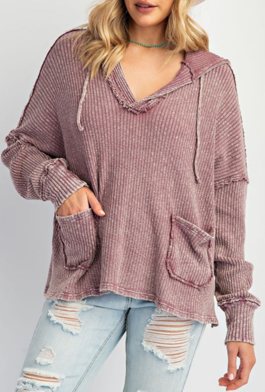 Plum waffle knit loose fit hoodie with pockets