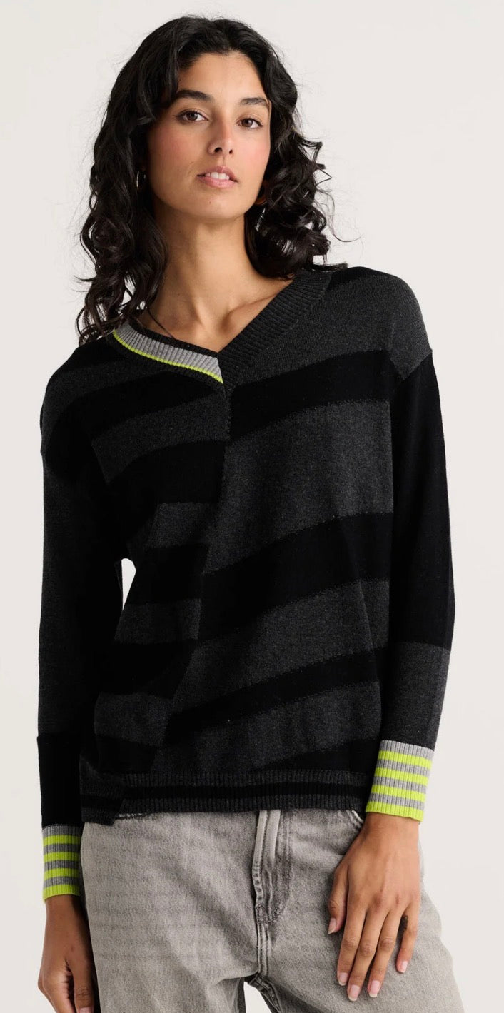 PREORDER NOW, Arriving Wednesday…Zaket & Plover Crazy Stripe v neck sweater in Black