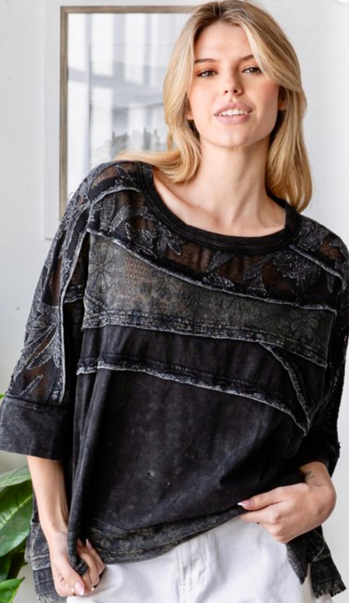 Black washed lace contrast loose fit top (available up to 3X)