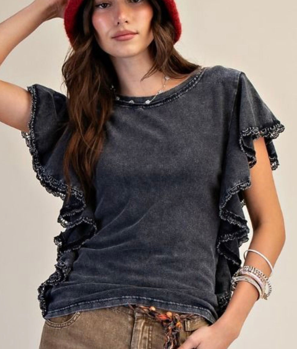 Mineral wash black ruffle sleeve top with eyelet trim