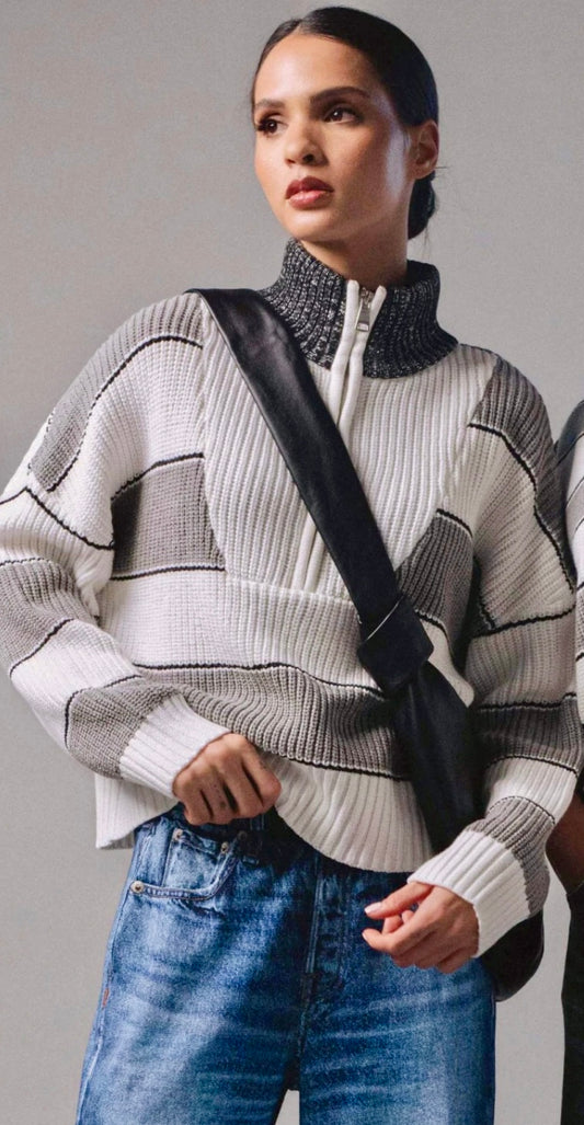 Grey and white stripe soft knit quarter zip sweater