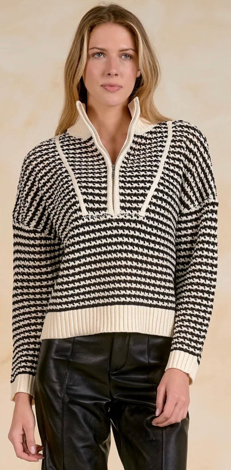 Black/white quarter zip soft knit sweater