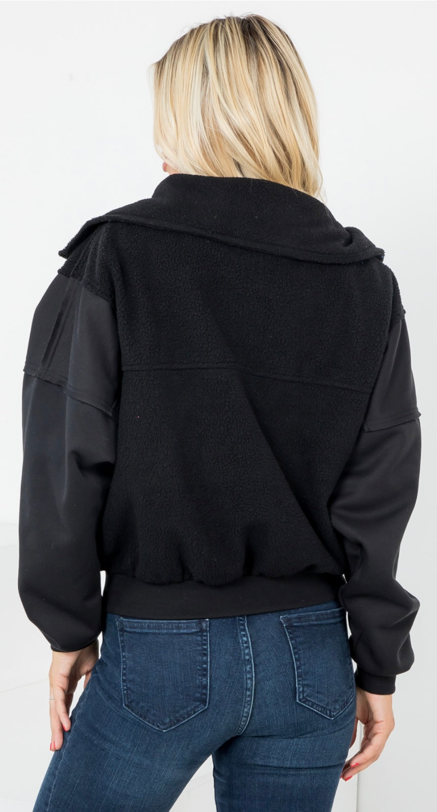 Black soft sherpa zip jacket with pockets and fleece sleeves