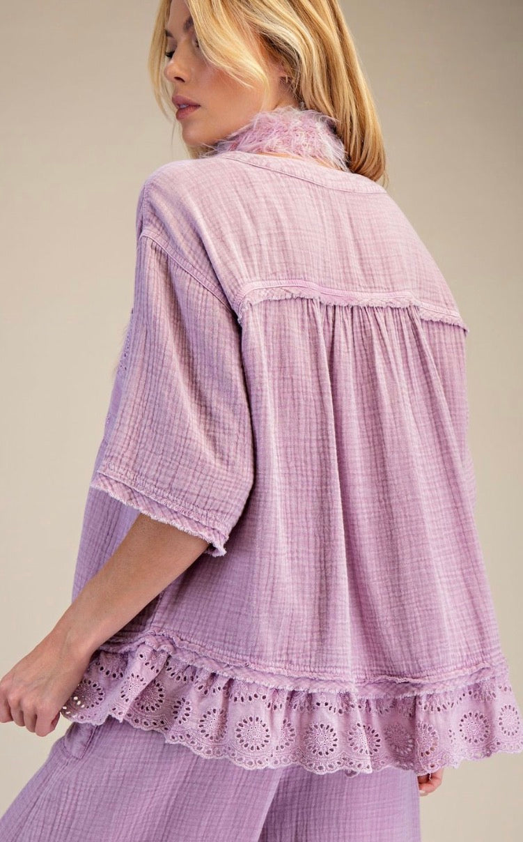 Lilac loose fit blouse with eyelet detail
