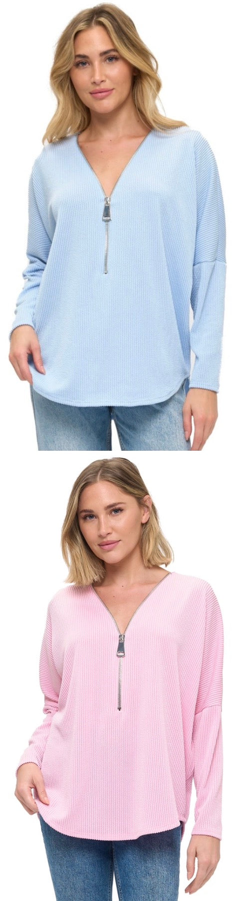 BEST SELLING STYLE EVERY YEAR! Soft rib knit loose fit zip tops