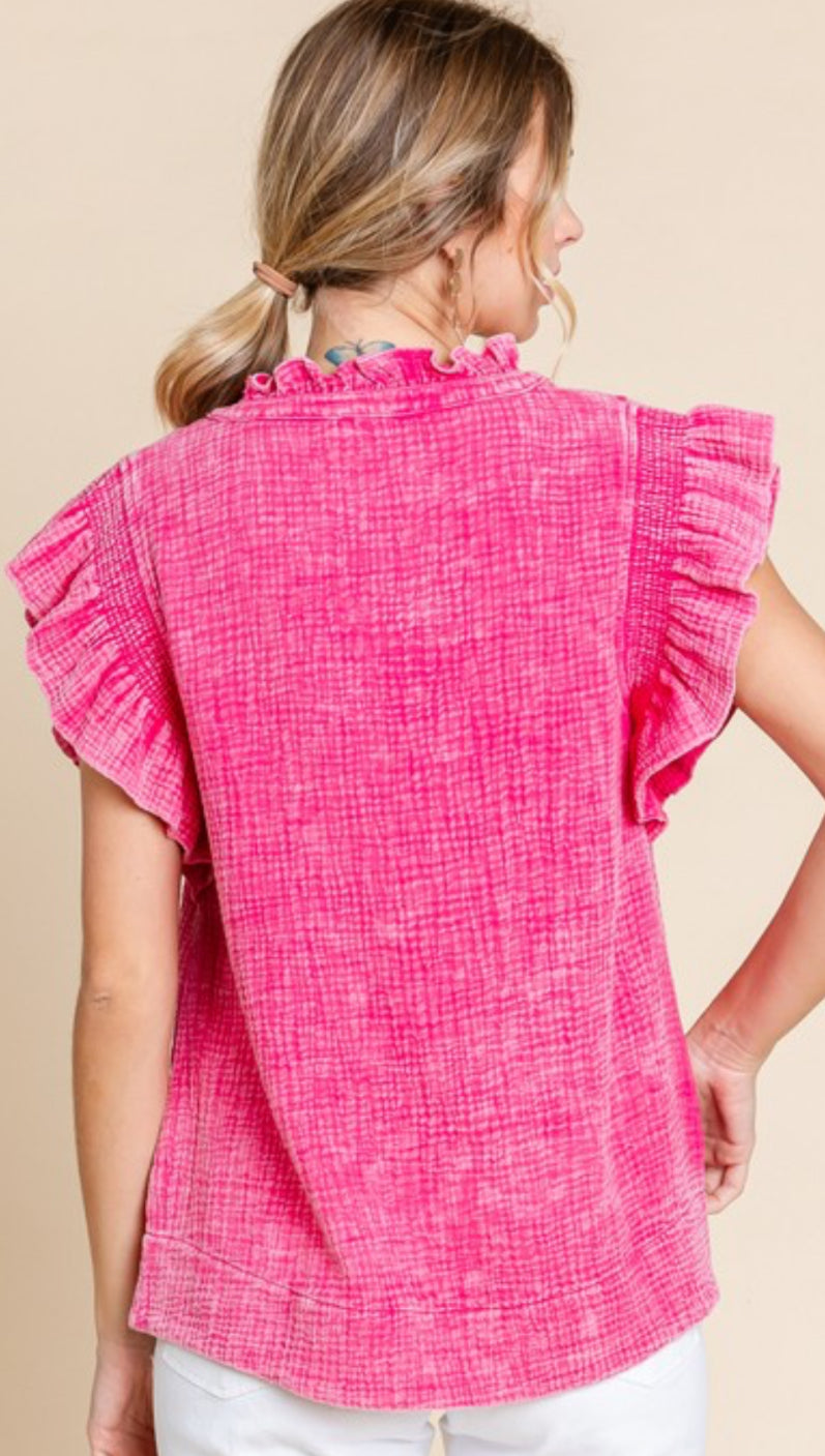 Pink mineral wash gauze tank with flounce sleeves