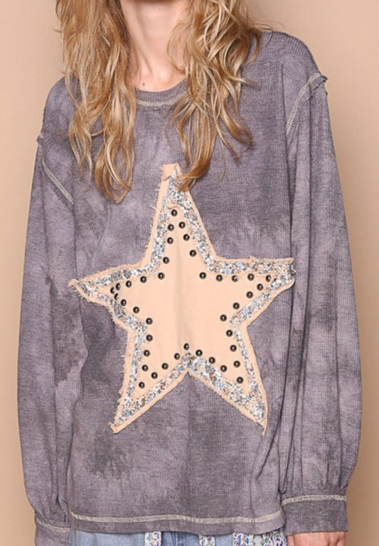 Grey tie dye oversized top with stud star (available up to 1X/2X)