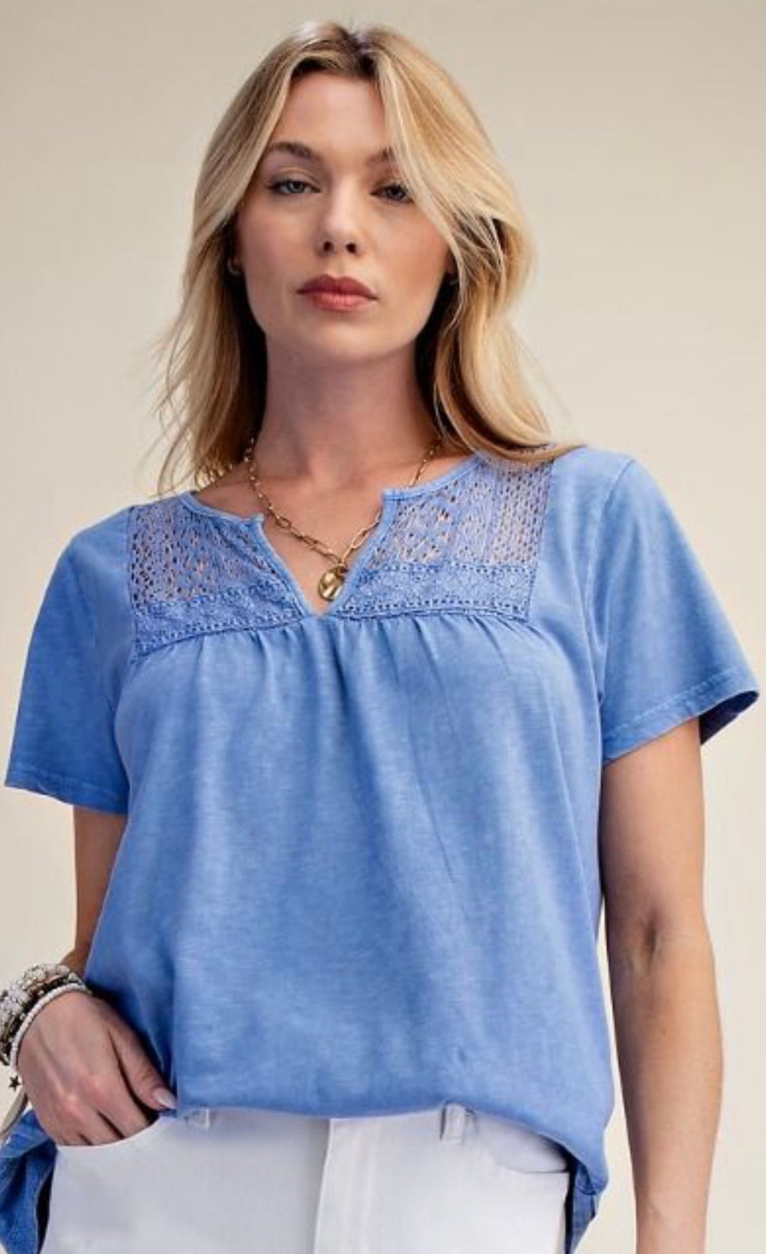 Blue lace yoke top