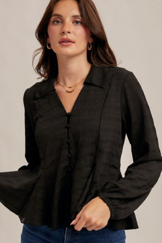 Black textured peplum blouse