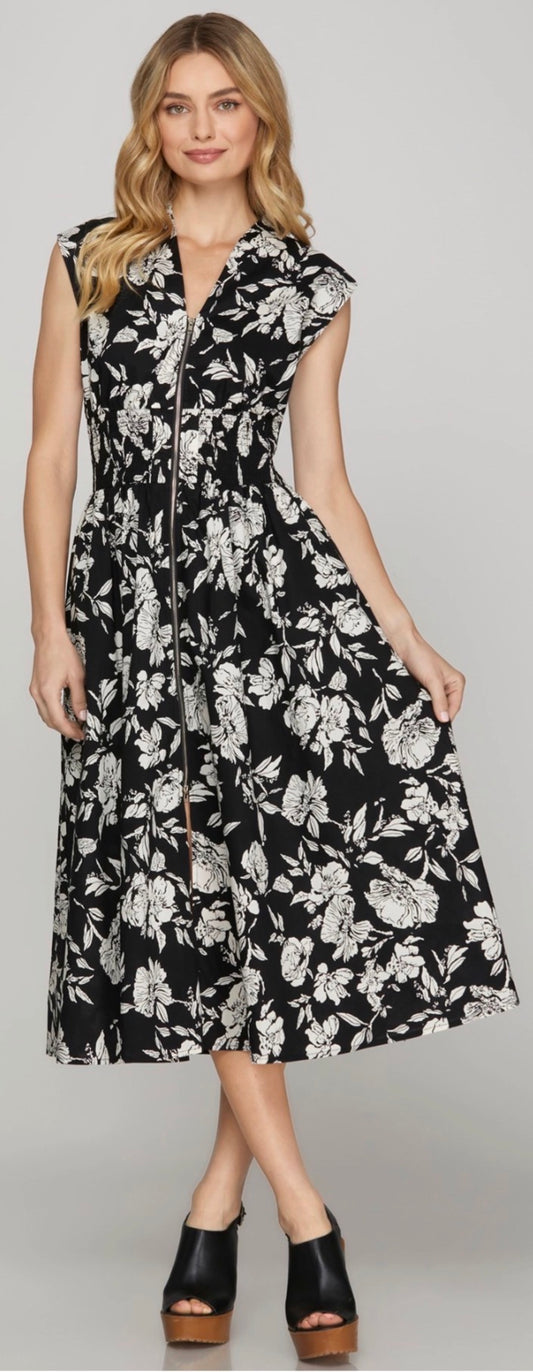 Black/white floral zip front dress