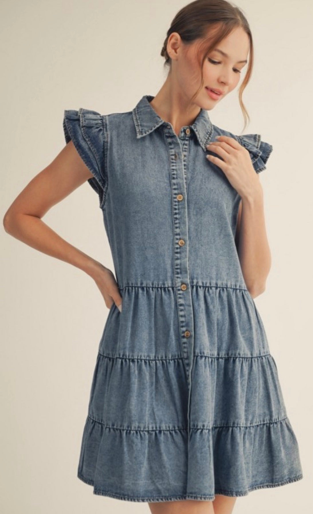 Denim lightweight dress with ruffle sleeves