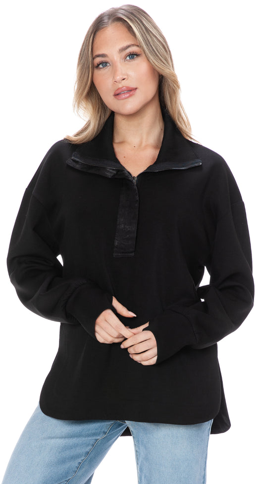 Black soft scuba knit quarter zip with thumbholes and satin detail