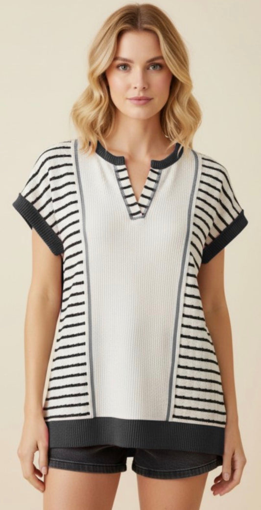 Black/white ribbed relaxed fit top