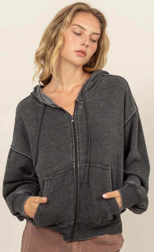 Black mineral wash soft zip hoodie